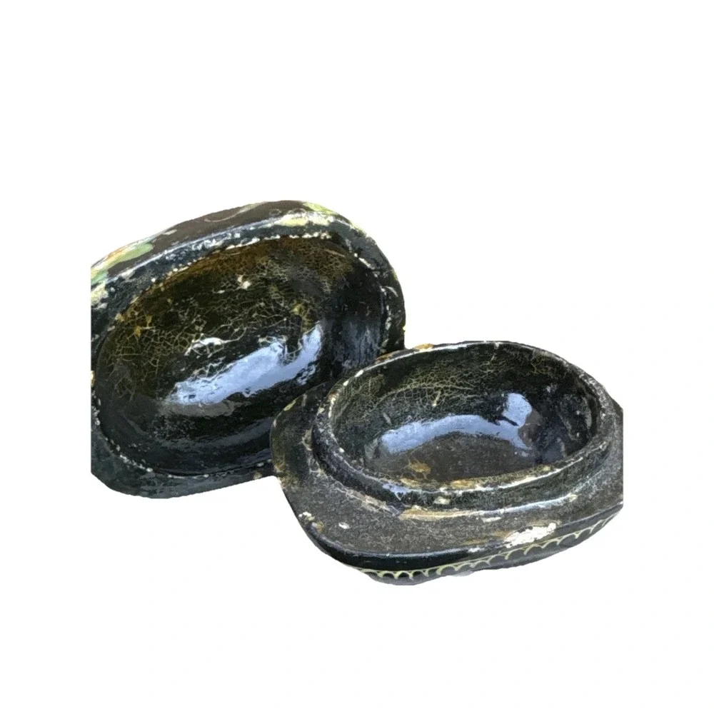 Vintage Black Kitty Cat Laquer Mini Trinket Dish Ring Box Painted Flowers Floral
